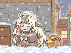 Rule 34 | 1girl, apron, arknights, basket, blonde hair, blush, braid, brown apron, brown dress, chibi, collared dress, comic, crying, crying with eyes open, dress, female focus, grey hair, guin guin, house, long hair, long sleeves, matchbox, multicolored hair, night, nose blush, outdoors, parted lips, side braids, silent comic, snow, snow on head, snowing, snowsant (arknights), solo, squatting, stitches, tears, trembling, twin braids, two-tone hair, very long hair, wavy eyes, wavy mouth, window