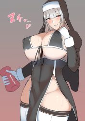 Rule 34 | 1girl, absurdres, artificial vagina, blush, breasts, commentary request, covered erect nipples, dildo, gloves, grey hair, habit, highres, holding, holding sex toy, huge breasts, long sleeves, looking at viewer, nun, original, red eyes, sex toy, smile, solo, sweat, tatsu (user rjes8545), thighhighs, thighs, translation request, white gloves