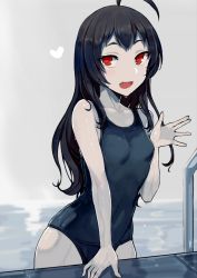 Rule 34 | 1girl, abyssal ship, ahoge, alternate costume, black hair, blush, breasts, commentary request, covered navel, fang, hand up, heart, highres, isolated island oni, kantai collection, long hair, one-piece swimsuit, open mouth, pool, red eyes, school swimsuit, sidelocks, small breasts, smile, solo, swimsuit, walzrj, wet