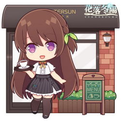 Rule 34 | 1girl, :d, black footwear, black skirt, black thighhighs, blush, braid, brick wall, brown hair, character request, chibi, coffee, copyright name, cup, green ribbon, hair between eyes, hair ribbon, hitsuki rei, holding, holding tray, long hair, looking at viewer, lowres, menu board, open mouth, puffy short sleeves, puffy sleeves, purple eyes, ribbon, saucer, shirt, shoes, short sleeves, skirt, smile, snowdreams -lost in winter-, solo, standing, standing on one leg, striped clothes, striped skirt, thighhighs, tray, vertical-striped clothes, vertical-striped skirt, very long hair, watermark, white shirt