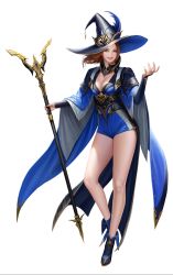 Rule 34 | 1girl, absurdres, bare legs, blue eyes, blue footwear, boots, breasts, bridal gauntlets, brown hair, full body, hat, highres, holding, holding staff, long hair, looking at viewer, medium breasts, original, parted lips, simple background, smile, solo, staff, taekwon kim, white background, witch, witch hat