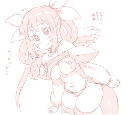 Rule 34 | 1girl, asymmetrical wings, bare shoulders, blush, breasts, dizzy (guilty gear), feathered wings, female focus, flying sweatdrops, guilty gear, hair ribbon, hair rings, limited palette, long hair, long sleeves, monochrome, navel, pale color, randou, ribbon, simple background, skindentation, smile, solo, tail, thighhighs, translation request, underboob, white background, wings