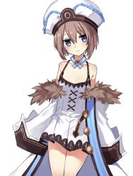 Rule 34 | 1girl, bare shoulders, blanc (neptunia), blue eyes, brown hair, buran buta, coat, dress, flat chest, hair between eyes, hat, highres, looking at viewer, neptune (series), short hair, simple background, smile, solo, white background, white dress, winter clothes, winter coat