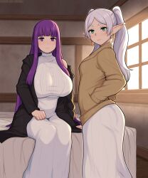 Rule 34 | 1girl, 2girls, afrobull, blunt bangs, breasts, closed mouth, dress, earrings, elf, fern (sousou no frieren), frieren, green eyes, highres, jewelry, large breasts, long hair, long sleeves, looking at viewer, multiple girls, parted bangs, pointy ears, purple eyes, purple hair, sousou no frieren, twintails, white dress, white hair