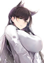 Rule 34 | 1girl, animal ears, atago (azur lane), atago (school traumerei) (azur lane), azur lane, breasts, cardigan, extra ears, from below, highres, large breasts, long hair, looking down, mole, mole under eye, official alternate costume, ribbon, schreibe shura, simple background, solo, v arms, white background, white cardigan, white ribbon, yellow eyes