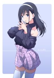 Rule 34 | 1girl, artist name, bare shoulders, black hair, blue background, blue eyes, blue sweater, border, commentary request, dated, headband, highres, long hair, nii manabu, open mouth, original, own hands together, pink skirt, plaid, plaid skirt, skirt, solo, sweater, thighhighs, white border, white headband, white thighhighs