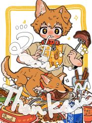 Rule 34 | 1boy, animal, animal collar, animal ears, black eyes, brown shirt, collar, cup, dog, dog ears, drink, drinking, drinking straw, eating, fangs, food, food on clothes, food on face, fork, highres, holding, holding fork, meat, milk, orange hair, orange pupils, original, red collar, shima (wansyon144), shirt, short eyebrows, short hair, solo, sparkle, steam, thank you, thick eyebrows, utensil, white background