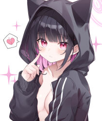 Rule 34 | 1girl, black hair, black jacket, blue archive, broken heart, collarbone, colored inner hair, commentary, halo, heart, highres, hood, hood up, hooded jacket, jacket, kazusa (blue archive), long sleeves, looking at viewer, multicolored hair, myuton, open clothes, open jacket, pink hair, pink halo, red eyes, short hair, simple background, solo, spoken heart, upper body, white background