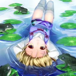 Rule 34 | 1girl, arms behind head, bad id, bad pixiv id, blonde hair, female focus, forehead, frog, lily pad, moriya suwako, no headwear, partially submerged, ringpearl, solo, submerged, thighhighs, touhou, upside-down, water, wet, wet clothes, yellow eyes, zettai ryouiki