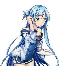 Rule 34 | 1girl, asuna (sao-alo), blue eyes, blue hair, blue shorts, collarbone, floating hair, hand in own hair, holding, leaning forward, long hair, pointy ears, short shorts, shorts, smile, solo, standing, sword art online, transparent background, very long hair