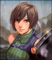 Rule 34 | 1girl, armor, bare shoulders, breasts, brown eyes, brown hair, closed mouth, commentary, final fantasy, final fantasy vii, headband, looking at viewer, rejean dubois, short hair, shoulder armor, sleeveless, sleeveless turtleneck, smile, solo, square enix, turtleneck, yuffie kisaragi