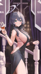 Rule 34 | 1girl, absurdres, ako (blue archive), ako (dress) (blue archive), backless dress, backless outfit, blue archive, blue eyes, blurry, blurry background, blush, bracelet, breasts, covered erect nipples, cup, dress, drinking glass, earrings, evening gown, fieryonion, grey hair, grin, hairband, halo, highres, holding, holding cup, jewelry, large breasts, light particles, long hair, official alternate costume, side slit, sideboob, smile, solo, wine glass