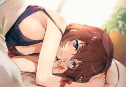 Rule 34 | 1girl, ahoge, blue eyes, blush, braid, breasts, brown hair, camisole, closed mouth, day, fingernails, hair between eyes, hair flaps, hair ornament, hair ribbon, indoors, kantai collection, lips, long hair, looking at viewer, lying, medium breasts, on bed, on side, pov across bed, red ribbon, ribbon, shigure (kancolle), shigure kai ni (kancolle), single braid, smile, solo, strap slip, umakuchi shouyu, under covers