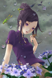 Rule 34 | 1girl, ayumi k, flower, frog, hydrangea, navel, original, purple eyes, purple hair, snail, solo, water