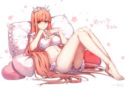 Rule 34 | &gt;:), 1girl, bare legs, barefoot, blush, bra, character name, closed mouth, fate/grand order, fate (series), fingernails, frilled pillow, frills, hanagata, hands on own chest, hands up, long hair, looking at viewer, medb (fate), medb (fate), navel, orange eyes, orange hair, pillow, skirt, smile, solo, tiara, translation request, underwear, v-shaped eyebrows, very long hair, white bra, white skirt