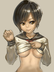 Rule 34 | 1girl, aro (charged time out), bad id, bad pixiv id, breasts, brown hair, clothes lift, colorized, grey background, no bra, original, parted lips, school uniform, serafuku, shirt lift, short hair, simple background, sketch, smile, solo, underboob, upper body, yellow eyes