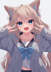 Rule 34 | 1girl, :d, absurdres, animal ears, black sailor collar, blue eyes, blue nails, blue neckerchief, brown hair, cat ears, cat girl, collarbone, commentary request, double v, ear piercing, fingernails, grey background, grey jacket, highres, hinata (user rjkt4745), jacket, jewelry, long hair, long sleeves, looking at viewer, nail polish, navel, neckerchief, open mouth, original, piercing, ring, sailor collar, school uniform, serafuku, simple background, sleeves past wrists, smile, solo, v