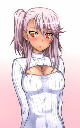 Rule 34 | 1girl, arms behind back, blush, breasts, chloe von einzbern, cleavage, dark skin, dark-skinned female, covered erect nipples, fate/kaleid liner prisma illya, fate (series), heart, heart necklace, highres, jewelry, kenken, long hair, looking at viewer, meme attire, necklace, aged up, open-chest sweater, orange eyes, pink hair, ribbed sweater, side ponytail, smile, solo, sweater