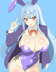 Rule 34 | 1girl, absurdres, animal ears, black jacket, blazer, blue background, blue hair, blue leotard, bow, bowtie, breasts, buttoned cuffs, buttons, cleavage, commentary, cowboy shot, detached sleeves, groin, highres, huge breasts, jacket, leotard, long hair, long sleeves, looking at viewer, one-hour drawing challenge, open clothes, open mouth, open shirt, playboy bunny, rabbit ears, red bow, red bowtie, red eyes, reisen udongein inaba, shirokumall, simple background, solo, touhou