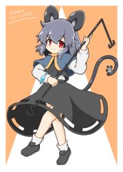 Rule 34 | 1girl, absurdres, animal ears, black footwear, blue capelet, capelet, dated, dowsing rod, fang, grey hair, highres, jewelry, liner41, long sleeves, looking at viewer, mouse (animal), mouse ears, mouse girl, mouse tail, nazrin, open mouth, orange background, pendant, red eyes, short hair, simple background, skin fang, smile, socks, solo, tail, touhou, two-tone background, white background, white socks