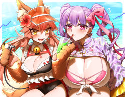 Rule 34 | 2girls, animal ear fluff, animal ears, animal hands, bell, blush, breasts, cat paws, claw (weapon), claws, cleavage, collar, collarbone, cup, drill hair, drinking, fang, fate/extra, fate/extra ccc, fate/grand order, fate (series), flower, fox ears, fox girl, fox tail, gloves, hair flower, hair ornament, hair ribbon, heart, highres, huge breasts, jingle bell, koyuki suzu, large breasts, long hair, multiple girls, neck bell, ocean, open mouth, outdoors, passionlip (fate), paw gloves, pink eyes, purple hair, red hair, ribbon, tail, tamamo (fate), tamamo cat (fate), visor cap, weapon, yellow eyes