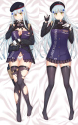 Rule 34 | 1girl, absurdres, arm under breasts, beret, black thighhighs, blue hair, bow, bow panties, breasts, cleavage, commentary request, covering own mouth, cross, dakimakura (medium), facepaint, frown, full body, girls&#039; frontline, gloves, green eyes, hair ornament, hairclip, hand to own mouth, hand up, hat, highres, hk416 (girls&#039; frontline), holster, holstered, iron cross, jacket, knees together feet apart, large breasts, long hair, looking at viewer, lying, medium breasts, midriff peek, military jacket, no bra, no pants, on back, panties, s-goon, solo, teardrop, thighhighs, torn clothes, torn jacket, torn thighhighs, underwear, very long hair, white panties