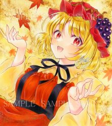 Rule 34 | 1girl, alto2019, apron, autumn leaves, black ribbon, blonde hair, grape hat ornament, long sleeves, looking at viewer, marker (medium), neck ribbon, red apron, red eyes, red headwear, ribbon, sample watermark, shirt, short hair, smile, solo, touhou, traditional media, watermark, wide sleeves, yellow shirt