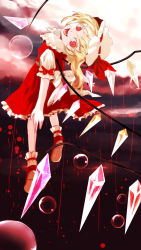 Rule 34 | 1girl, amatou3, back, blonde hair, blood, colored eyelashes, crystal, fang, flandre scarlet, full body, hat, hat ribbon, highres, looking at viewer, looking back, mob cap, open mouth, puffy sleeves, red eyes, ribbon, shaft look, shirt, shoes, short hair, short sleeves, skirt, skirt set, slit pupils, smile, solo, touhou, vest, wings