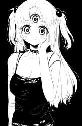 Rule 34 | + +, 1girl, absurdres, azen (mntimcczgrtn), bandaged arm, bandages, blouse, blush, breasts, cleavage, collar, collarbone, extra eyes, greyscale, hair bobbles, hair ornament, hand on own cheek, hand on own face, highres, long hair, looking at viewer, monochrome, monster girl, original, parted bangs, shirt, smile, solo, spaghetti strap, spiked collar, spikes, tank top, torn clothes, torn shirt, twintails