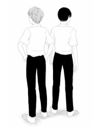 Rule 34 | 2boys, black hair, facing away, from behind, grey hair, greyscale, hands on own hips, hatching (texture), linear hatching, male focus, monochrome, multiple boys, original, pants, re:i, school uniform, shoes, side-by-side, simple background, sketch, white background