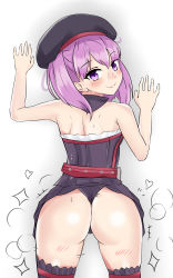 Rule 34 | 1girl, absurdres, against wall, ass, back, backboob, backless outfit, bare shoulders, blush, breasts, clothes lift, fate/grand order, fate (series), free chess, hat, helena blavatsky (fate), highres, looking at viewer, looking back, lying, no bra, on stomach, purple eyes, purple hair, short hair, skirt, skirt lift, small breasts, smile, solo, strapless, the pose, thighhighs, thong