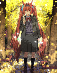 1girl alternate_costume alternate_universe animal_ears autumn_leaves black_socks blazer bow bowtie brown_hair collared_shirt daiwa_scarlet_(umamusume) full_body ginkgo_tree grey_jacket grey_skirt hair_between_eyes hair_intakes highres horse_ears horse_girl horse_tail jacket kneehighs leaf loafers long_hair looking_at_viewer nakahira_guy pleated_skirt red_bow red_bowtie red_eyes school_uniform shirt shoes skirt smile socks solo sweater_vest tail tiara twintails umamusume v very_long_hair white_shirt