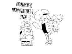 Rule 34 | 3boys, angry, brothers, english text, expressionless, facial hair, hat, highres, mario, mario (series), meme, monochrome, multiple boys, mustache, nintendo, overalls, screaming, shirt grab, siblings, sideburns, simple background, surprised, the amazing world of gumball, the fairly oddparents, the super mario bros. movie, toad (mario), white background