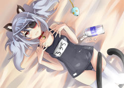 Rule 34 | 10s, 1girl, animal ears, bell, blush, bottle, cat ears, cat tail, collar, eyepatch, highres, infinite stratos, laura bodewig, long hair, lying, milk, mouse (animal), name tag, one-piece swimsuit, open mouth, red eyes, s040784, school swimsuit, silver hair, solo, swimsuit, tail, thigh gap, thighhighs, thighs, toy, toy mouse, twintails, white thighhighs