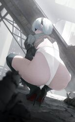 Rule 34 | 1girl, 2b (nier:automata), absurdres, ass, back cutout, black blindfold, black footwear, black hairband, blindfold, boots, clothing cutout, covered eyes, day, feather-trimmed sleeves, from behind, hairband, high heel boots, high heels, highres, kikiis art, leotard, nier:automata, nier (series), outdoors, short hair, solo, squatting, thigh boots, white hair, white leotard