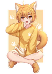 Rule 34 | 1girl, absurdres, animal ears, aoikito lavender086, bandage on face, bandages, bare legs, blonde hair, dog ears, dog girl, dog tail, hair between eyes, hair ornament, hairclip, highres, long sleeves, open mouth, orange eyes, original, shiba inu, shirt, simple background, sitting, tail, white background, yellow background, yellow shirt