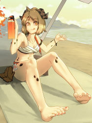 Rule 34 | 1girl, arknights, bare arms, bare legs, bare shoulders, barefoot, breasts, brown gloves, cleavage, collarbone, commentary request, feet, flamethrower, foot focus, foreshortening, gloves, highres, holding, horns, ifrit (arknights), ifrit (sunburn) (arknights), looking at viewer, material growth, medium breasts, navel, official alternate costume, orange eyes, oripathy lesion (arknights), outdoors, sitting, soles, swimsuit, toes, tongue, tongue out, unworn gloves, weapon, yamauchi (conan-comy)