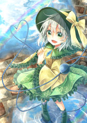 Rule 34 | 1girl, :d, absurdres, blouse, bow, brick wall, floral print, frilled sleeves, frills, full body, green eyes, green footwear, green hair, green hat, green skirt, hair between eyes, hat, hat bow, heart, heart of string, highres, koishi day, komeiji koishi, long sleeves, looking at viewer, mizudori (msarasoju), open mouth, outdoors, puddle, rainbow, rose print, shirt, short hair, skirt, smile, solo, standing, third eye, touhou, wide sleeves, yellow bow, yellow shirt