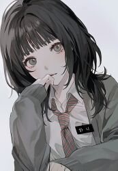 Rule 34 | 1girl, animification, black hair, blunt bangs, brown eyes, character request, closed mouth, copyright request, finger to mouth, grey hair, grey jacket, highres, jacket, light blush, long sleeves, looking at viewer, mameko (l8 w3), medium hair, necktie, newjeans, shirt, simple background, solo, striped necktie, upper body, white shirt