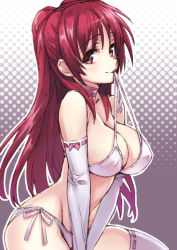 Rule 34 | 1girl, bad id, bad pixiv id, bikini, bikini in mouth, blush, breasts, brown eyes, choker, cleavage, clothes in mouth, elbow gloves, gloves, halterneck, kousaka tamaki, large breasts, long hair, looking at viewer, matsuryuu, mouth hold, red hair, ribbon-trimmed gloves, ribbon-trimmed legwear, ribbon trim, side-tie bikini bottom, smile, solo, swimsuit, thighhighs, to heart, to heart (series), to heart 2, v arms, white gloves, white thighhighs