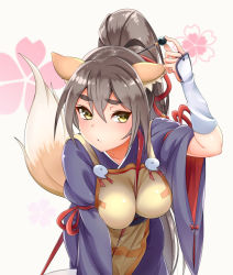 Rule 34 | 10s, 1girl, a (show by rock!!), animal ears, bad id, bad pixiv id, between breasts, blush, breasts, brown hair, eyebrows, fox ears, hair ornament, hair stick, leaning forward, long hair, magatama, ponytail, show by rock!!, simple background, solo, tail, ten piboshi, thick eyebrows, very long hair, yellow eyes