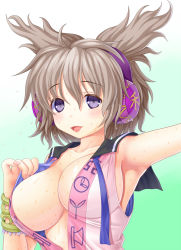 Rule 34 | 1girl, armpits, asamura hiori, blue eyes, blue theme, bracelet, breasts, brown hair, cleavage, female focus, headphones, highres, jewelry, large breasts, no bra, open mouth, purple eyes, smile, solo, sweat, touhou, toyosatomimi no miko, upper body