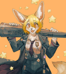 Rule 34 | 1girl, animal ear fluff, animal ears, animal nose, black coat, blonde hair, blush, body fur, bright pupils, claws, coat, collarbone, collared shirt, commentary, don quixote (project moon), english commentary, eyes visible through hair, fangs, fennec fox, fox ears, fox girl, fox tail, furrification, furry, furry female, gradient hair, hair between eyes, highres, holding, holding polearm, holding weapon, lance, limbus company, long sleeves, looking at viewer, maxpawb, multicolored hair, necktie, open clothes, open coat, open mouth, orange background, orange eyes, orange hair, polearm, project moon, red necktie, shirt, short hair, simple background, smile, solo, spanish text, star (symbol), tail, weapon, white fur, white pupils, white shirt