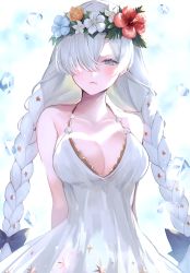 Rule 34 | 1girl, absurdres, anastasia (fate), anastasia (swimsuit archer) (fate), anastasia (swimsuit archer) (second ascension) (fate), bare shoulders, blush, braid, breasts, cleavage, dress, fate/grand order, fate (series), flower, hair flower, hair ornament, hair over one eye, highres, large breasts, long hair, looking at viewer, scan, simple background, sleeveless, solo, suzuho hotaru, twin braids, twintails