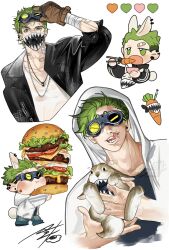 1boy adjusting_eyewear animal animal_ears apex_legends bandaid bandaid_on_face black_jacket black_shirt blush brown_gloves burger carrot chibi chibi_inset chopsticks collarbone earrings eating eyewear_on_head food gloves goggles hair_behind_ear hand_on_eyewear heart highres holding holding_animal holding_chopsticks hongshao_dan_die hood hood_up hoodie jacket jewelry leather leather_jacket looking_at_viewer male_focus mask mouth_mask multiple_views necklace octane_(apex_legends) rabbit rabbit_boy rabbit_ears rabbit_tail shirt signature tail tongue tongue_out white_background white_hoodie