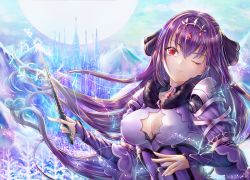 Rule 34 | 1girl, breasts, castle, cleavage, cleavage cutout, clothing cutout, collarbone, covered erect nipples, dress, fate/grand order, fate (series), fur collar, gem, long hair, medium breasts, nyamaso, purple dress, purple hair, red eyes, scathach (fate), scathach skadi (fate), scathach skadi (second ascension) (fate), solo, tiara, wand