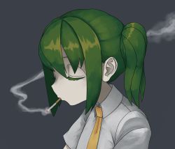 Rule 34 | 1girl, cigarette, closed eyes, collared shirt, colored skin, commentary request, cookie (touhou), daiyousei, diyusi (cookie), flat chest, green hair, grey background, necktie, open mouth, shirt, side ponytail, simple background, smoking, solo, surauta, touhou, upper body, white shirt, white skin, yellow necktie