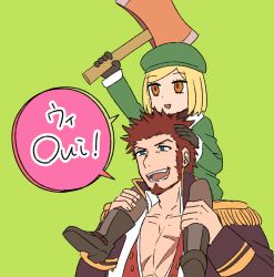 Rule 34 | 1boy, 1girl, axe, beard, blonde hair, blue eyes, boots, brown hair, carrying, commentary request, epaulettes, facial hair, fate/grand order, fate (series), gloves, green headwear, hat, jacket, long sideburns, long sleeves, napoleon bonaparte (fate), open mouth, pantyhose, paul bunyan (fate), pe6n1, pectorals, piggyback, scar, short hair, sideburns, simple background, smile, teeth, uniform, yellow eyes