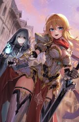 Rule 34 | 2girls, absurdres, arm guards, armor, armored boots, black gloves, blonde hair, blue eyes, blue fire, blurry, blurry background, blush, book, boots, breastplate, breasts, building, cloak, closed mouth, cloud, colored inner hair, commentary, contrapposto, cowboy shot, dutch angle, elf, english commentary, evening, faulds, fingerless gloves, fire, fireball, floating hair, gauntlets, glint, gloves, grey cloak, grey hair, hair between eyes, highres, holding, holding book, holding sword, holding weapon, hood, hooded cloak, kokukyukeo, large breasts, light particles, long hair, looking at viewer, multicolored hair, multiple girls, open mouth, original, outdoors, pauldrons, pelvic curtain, pointy ears, shoulder armor, smile, solo focus, standing, sword, teeth, thigh boots, thigh strap, upper teeth only, waist cape, weapon, white hair
