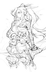 Rule 34 | 1girl, arm tattoo, arrow (projectile), bow (weapon), breast tattoo, cropped legs, ge-b, genderswap, genderswap (mtf), greyscale, hanzo (overwatch), high ponytail, holding, holding weapon, japanese clothes, long hair, monochrome, overwatch, overwatch 1, quiver, sarashi, single sleeve, sketch, solo, tattoo, weapon